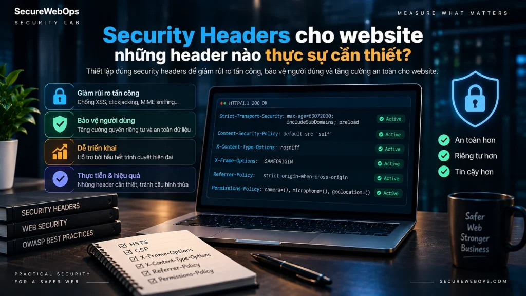 Security Headers cho website với HSTS CSP nosniff frame protection Referrer-Policy và Permissions-Policy