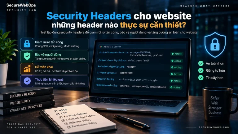Security Headers cho website với HSTS CSP nosniff frame protection Referrer-Policy và Permissions-Policy