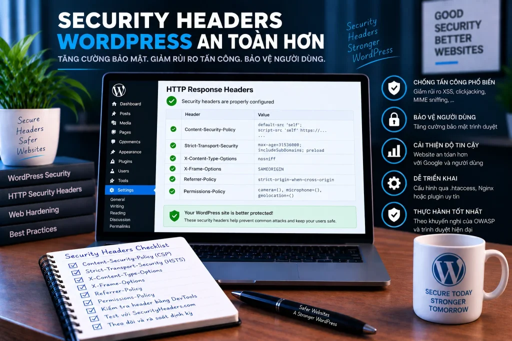 Security headers cho WordPress với Content-Security-Policy, HSTS, nosniff, Referrer-Policy và Permissions-Policy
