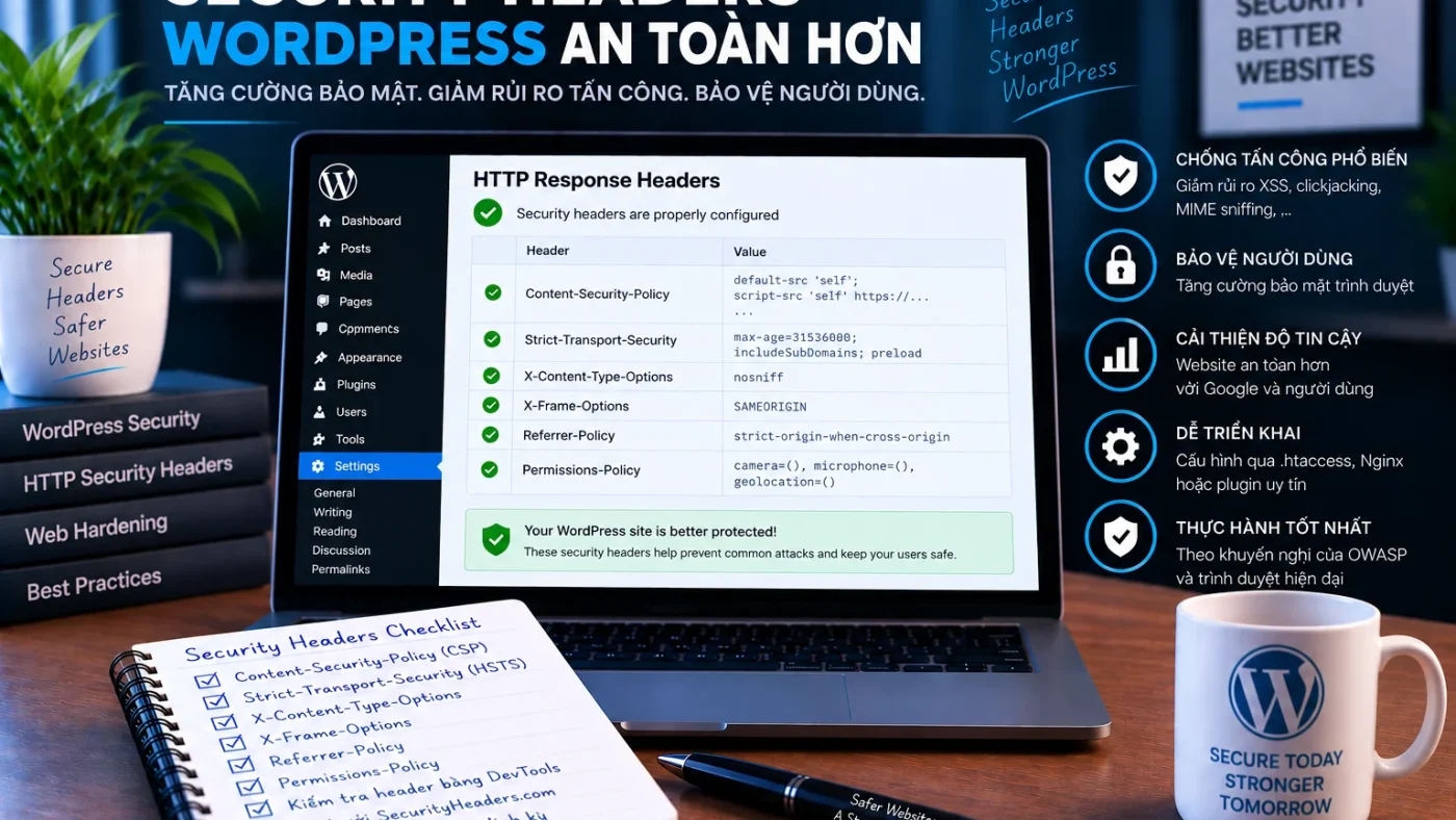 Security headers cho WordPress với Content-Security-Policy, HSTS, nosniff, Referrer-Policy và Permissions-Policy