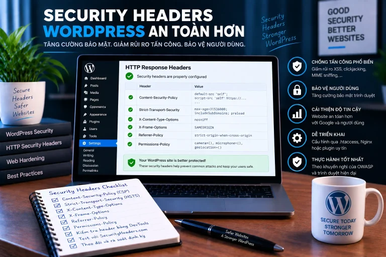 Security headers cho WordPress với Content-Security-Policy, HSTS, nosniff, Referrer-Policy và Permissions-Policy