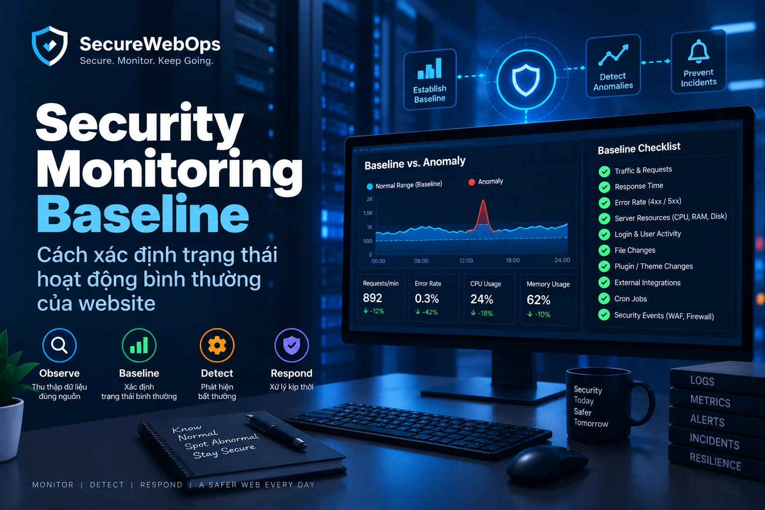Security Monitoring Baseline với biểu đồ trạng thái bình thường và điểm bất thường của website
