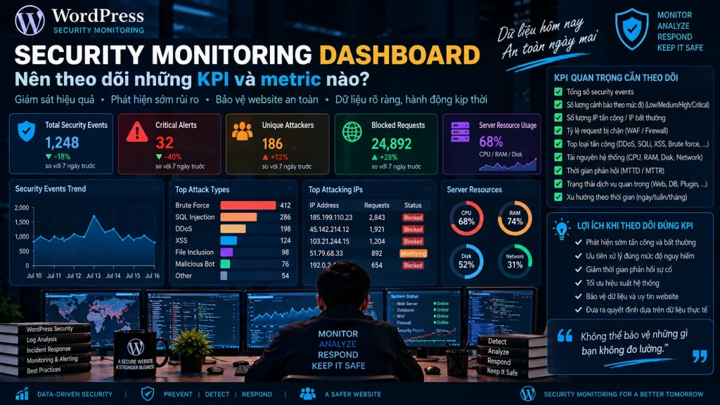 Security Monitoring Dashboard với coverage, alert quality, triage performance, telemetry health và security trends