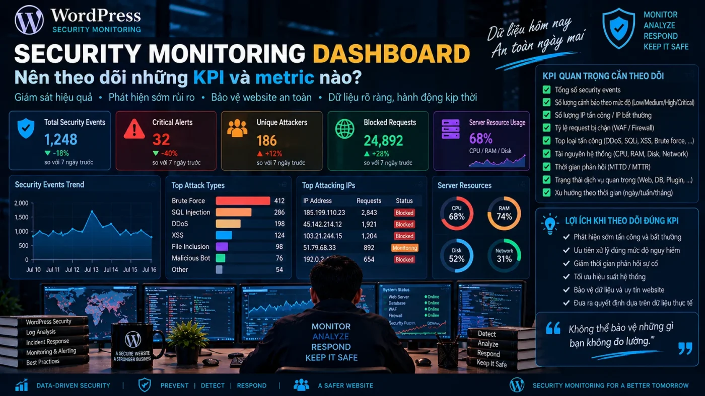 Security Monitoring Dashboard với coverage, alert quality, triage performance, telemetry health và security trends
