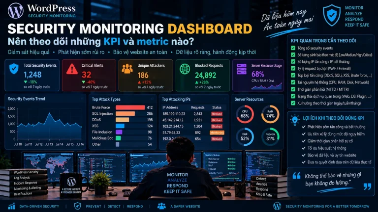 Security Monitoring Dashboard với coverage, alert quality, triage performance, telemetry health và security trends
