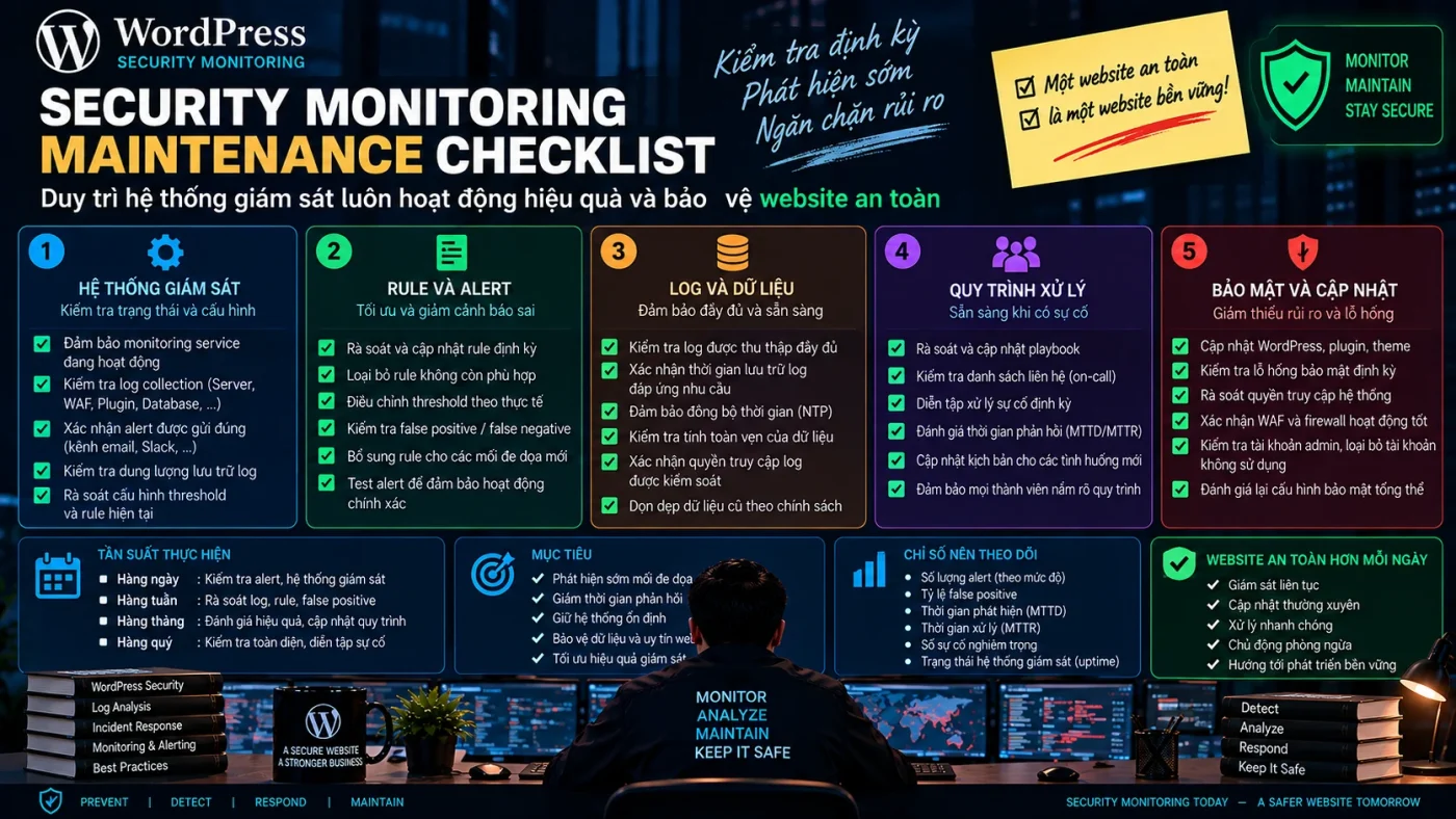 Security Monitoring Maintenance Checklist với telemetry, coverage, rule health, alert routing và kiểm tra định kỳ