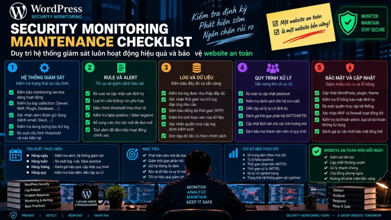 Security Monitoring Maintenance Checklist với telemetry, coverage, rule health, alert routing và kiểm tra định kỳ