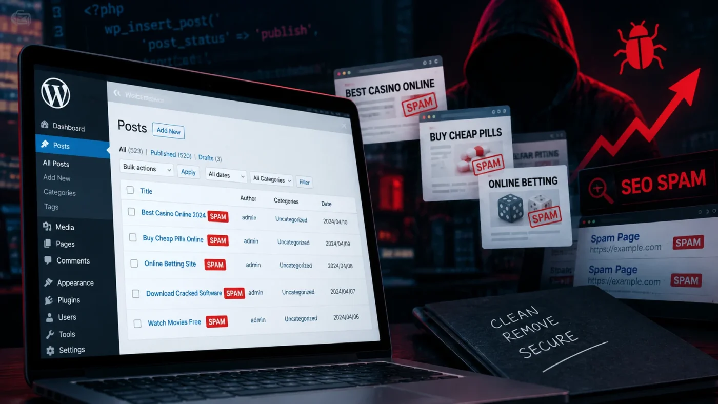 Minh họa website WordPress bị SEO spam với bài viết casino, pharma và liên kết spam trái phép