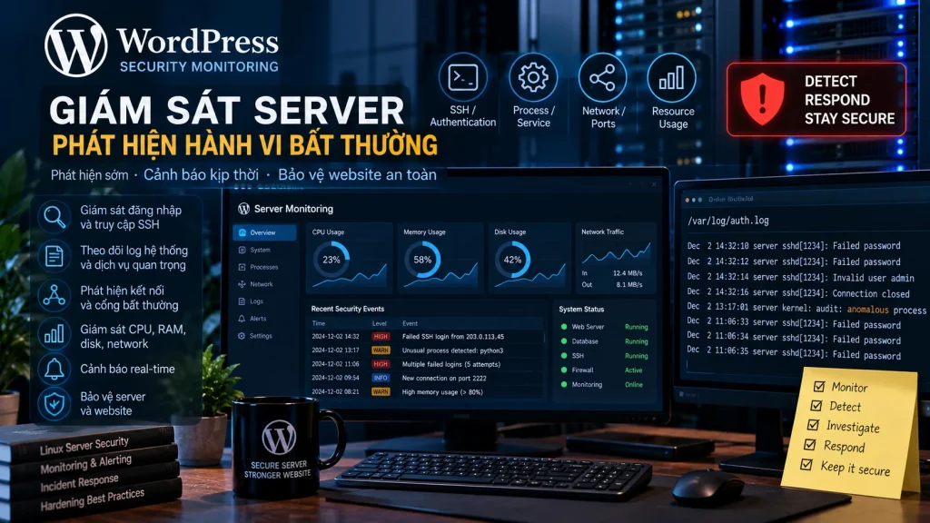 Server Security Monitoring với SSH, process, network và resource anomaly được giám sát