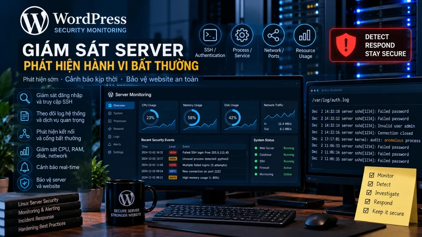 Server Security Monitoring với SSH, process, network và resource anomaly được giám sát