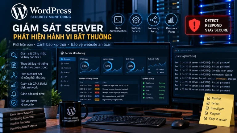 Server Security Monitoring với SSH, process, network và resource anomaly được giám sát