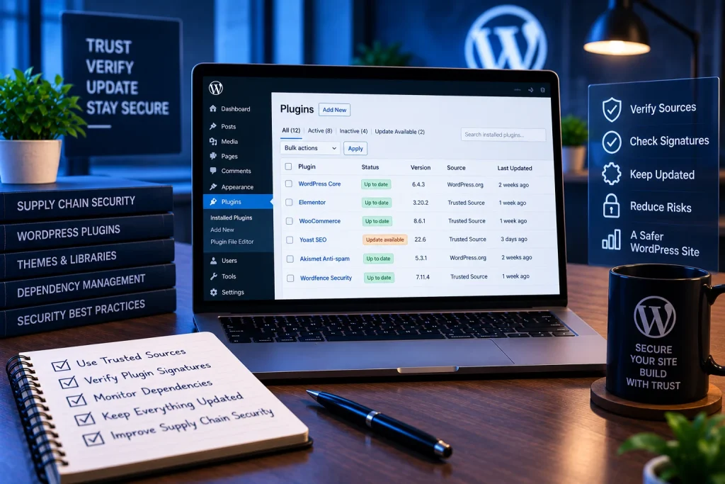 Supply chain security WordPress với plugin nguồn tin cậy và dependency management