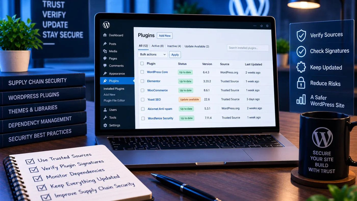 Supply chain security WordPress với plugin nguồn tin cậy và dependency management