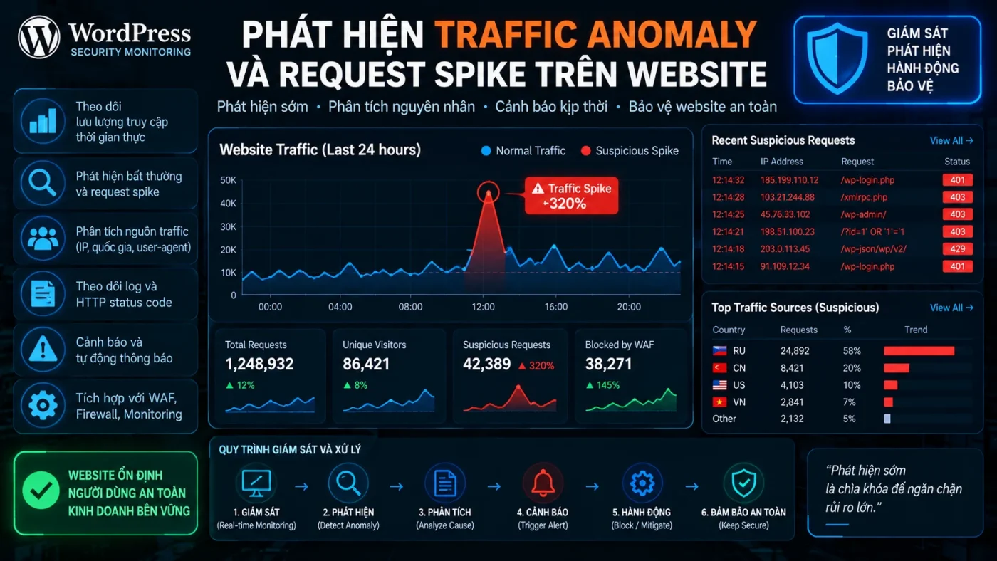 Traffic anomaly và request spike trên website với dashboard phát hiện lưu lượng bất thường