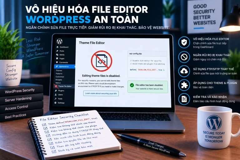 Vô hiệu hóa file editor WordPress bằng DISALLOW_FILE_EDIT để giảm chỉnh sửa trực tiếp theme và plugin trong wp-admin