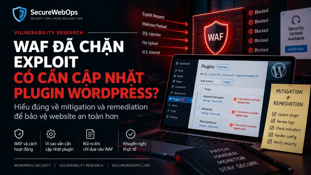 WAF chặn exploit nhưng plugin WordPress vẫn cần update để remediation