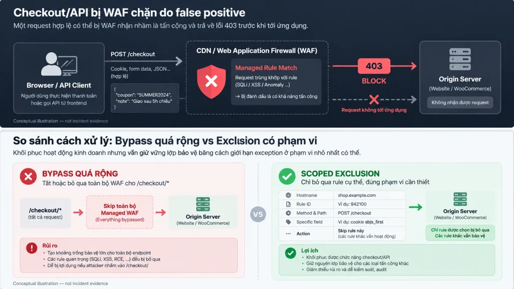 Sơ đồ WAF false positive chặn checkout API và so sánh bypass rộng với scoped exclusion