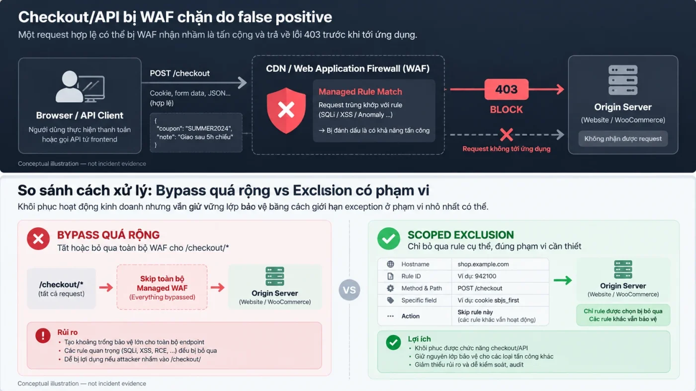 Sơ đồ WAF false positive chặn checkout API và so sánh bypass rộng với scoped exclusion