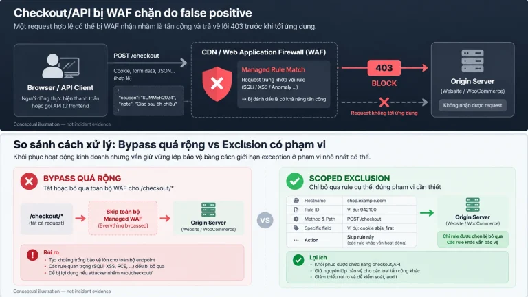 Sơ đồ WAF false positive chặn checkout API và so sánh bypass rộng với scoped exclusion
