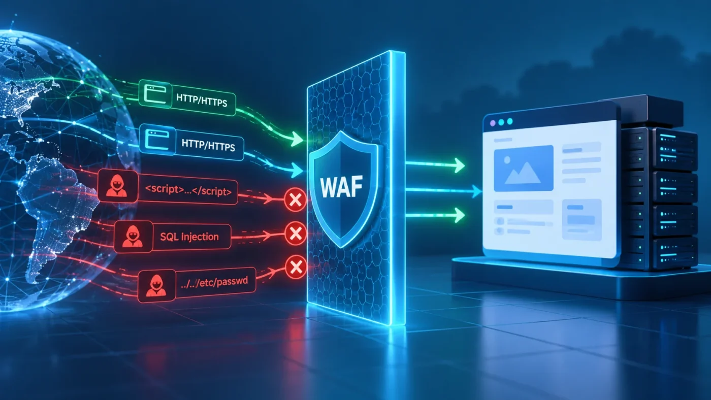 Minh họa WAF lọc lưu lượng HTTP/HTTPS và chặn request độc hại trước website