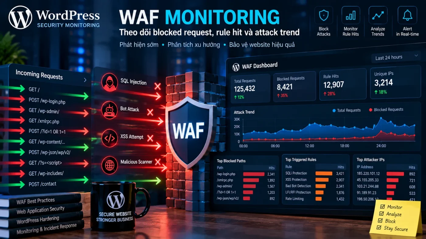 WAF Monitoring theo dõi blocked request, rule hit và attack trend