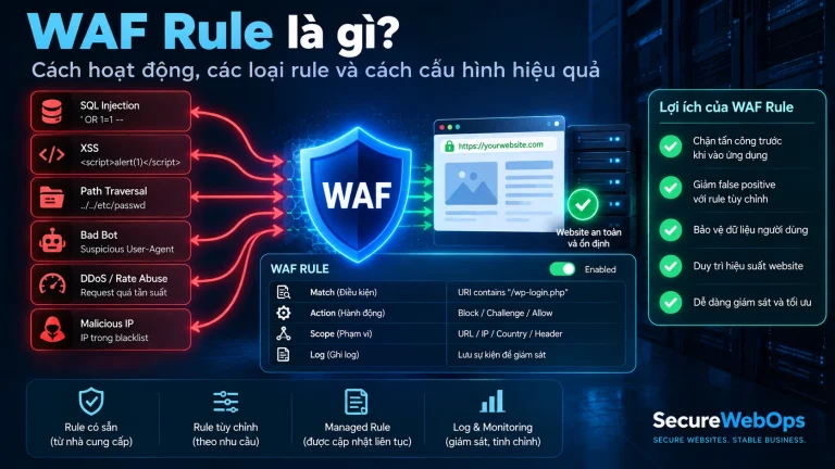 Minh họa WAF Rule với match condition, action, scope và logging bảo vệ website