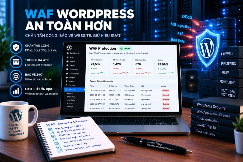 WAF WordPress với web application firewall, rule blocking, DDoS, SQL injection, XSS, bot protection và monitoring
