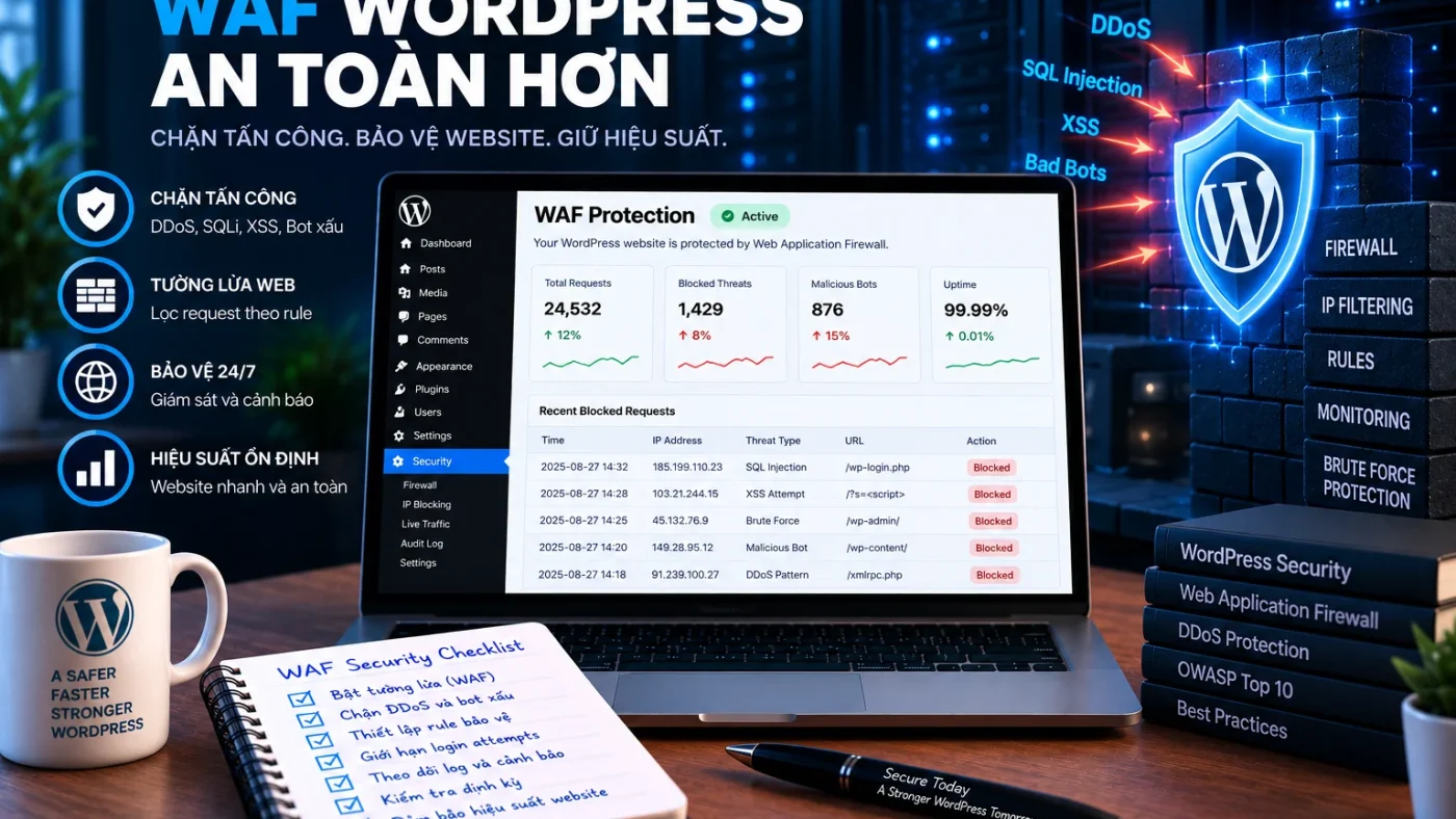 WAF WordPress với web application firewall, rule blocking, DDoS, SQL injection, XSS, bot protection và monitoring