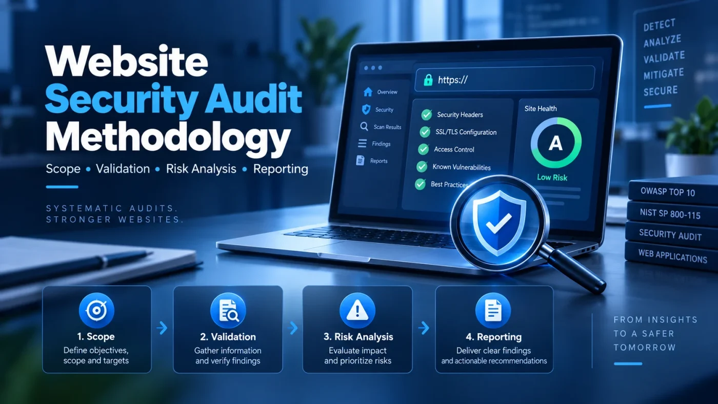Website Security Audit Methodology với quy trình scope, validation, risk analysis và reporting