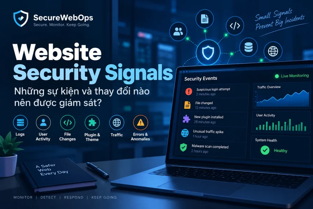 Website Security Signals với các sự kiện đăng nhập, thay đổi file, plugin và traffic cần giám sát