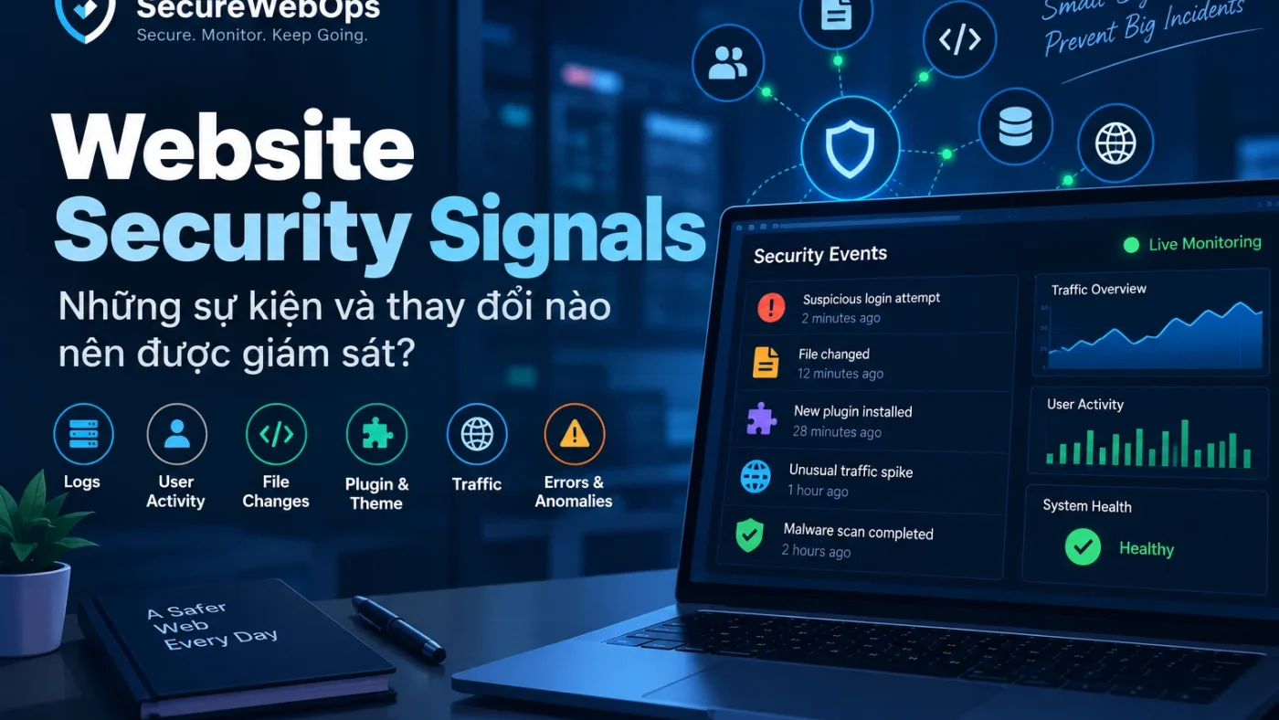 Website Security Signals với các sự kiện đăng nhập, thay đổi file, plugin và traffic cần giám sát