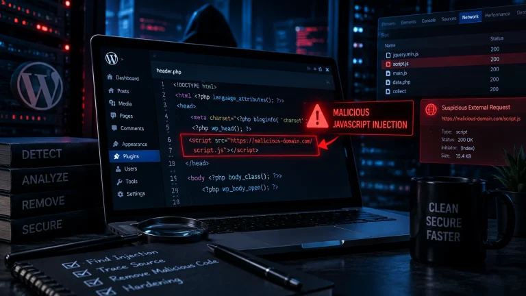 Minh họa phát hiện JavaScript lạ và request bên ngoài đáng ngờ trên WordPress