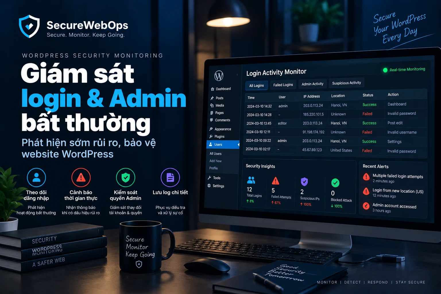 Giám sát đăng nhập và tài khoản Admin WordPress với dashboard cảnh báo hoạt động bất thường