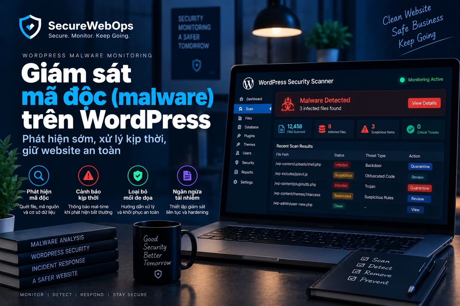 Giám sát bảo mật WordPress với dashboard phát hiện thay đổi và hoạt động bất thường