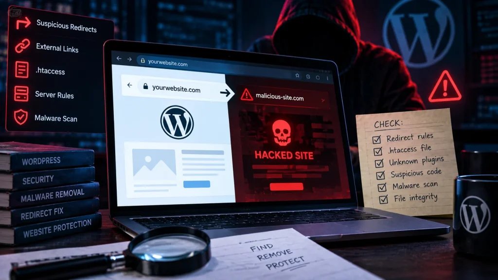 Minh họa website WordPress bị chuyển hướng trái phép sang domain lạ và các điểm cần kiểm tra