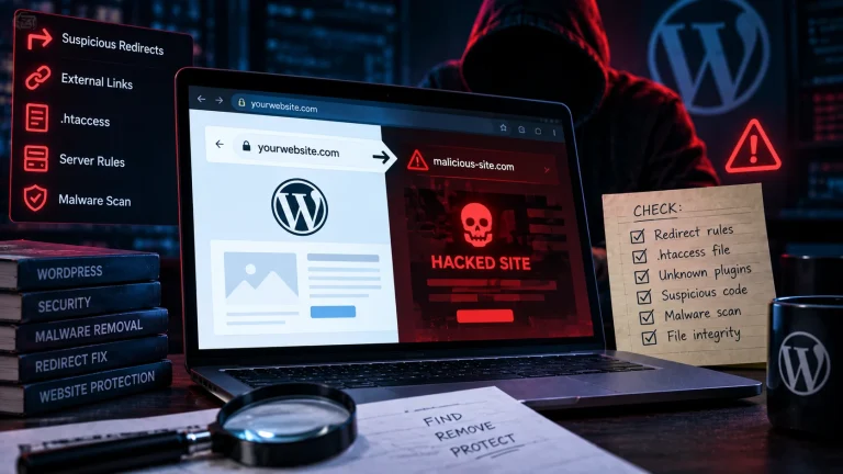 Minh họa website WordPress bị chuyển hướng trái phép sang domain lạ và các điểm cần kiểm tra