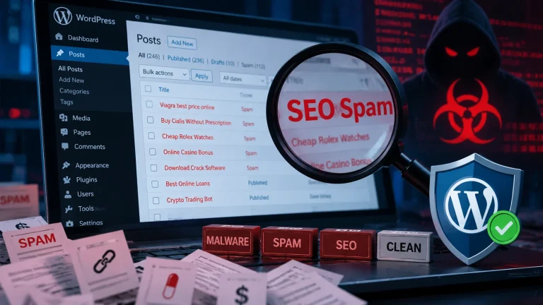 Minh họa WordPress tự xuất hiện nhiều bài post spam trái phép do malware hoặc tài khoản bị xâm nhập