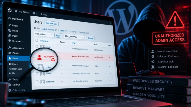 Minh họa tài khoản Administrator lạ xuất hiện trong WordPress và dấu hiệu truy cập trái phép