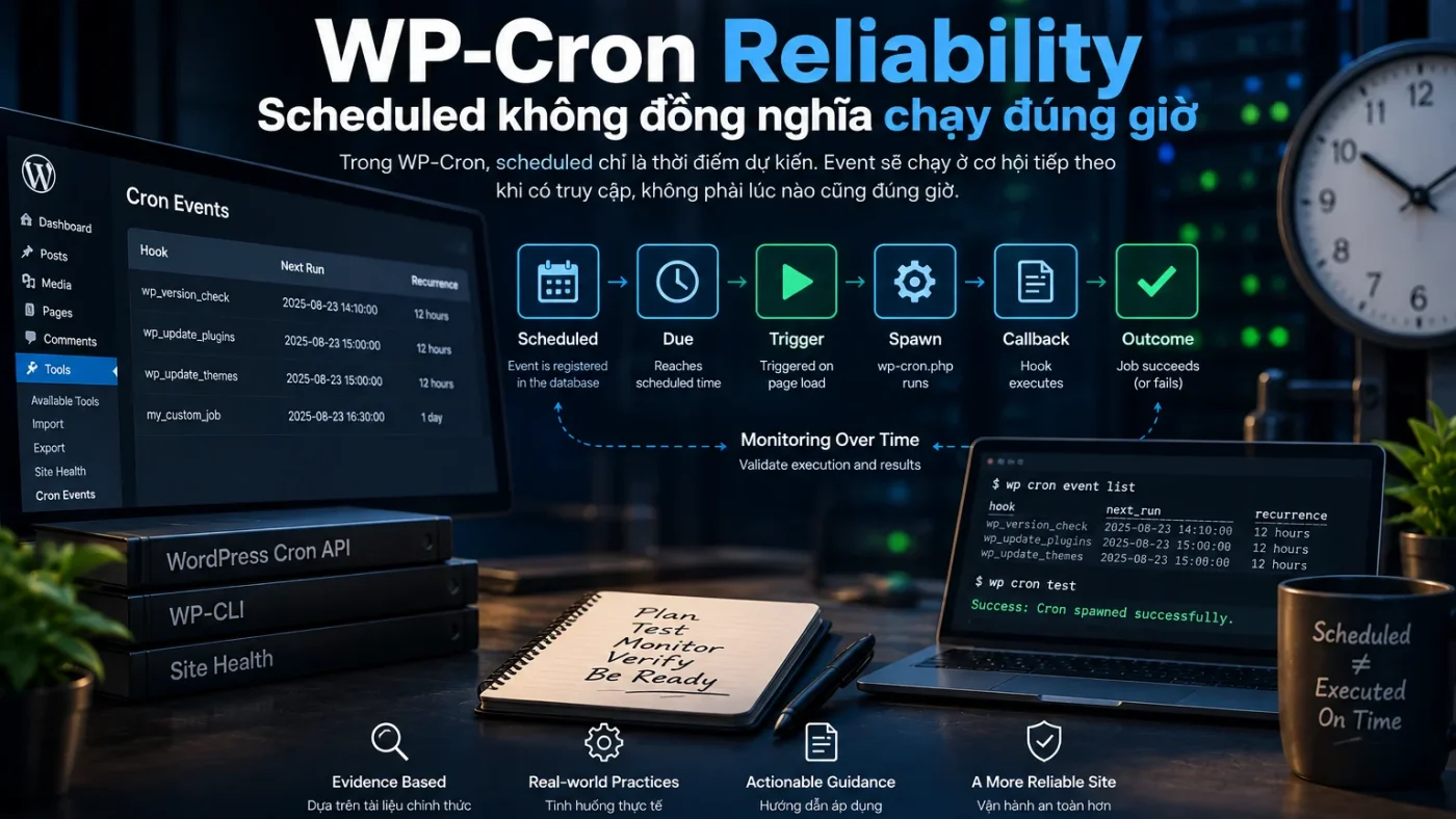 WP-Cron reliability flow from scheduled event to trigger callback and outcome
