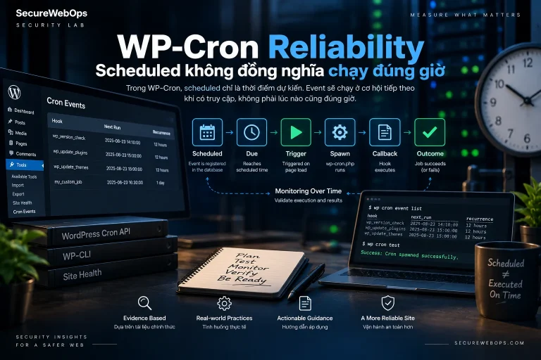 WP-Cron reliability flow from scheduled event to trigger callback and outcome