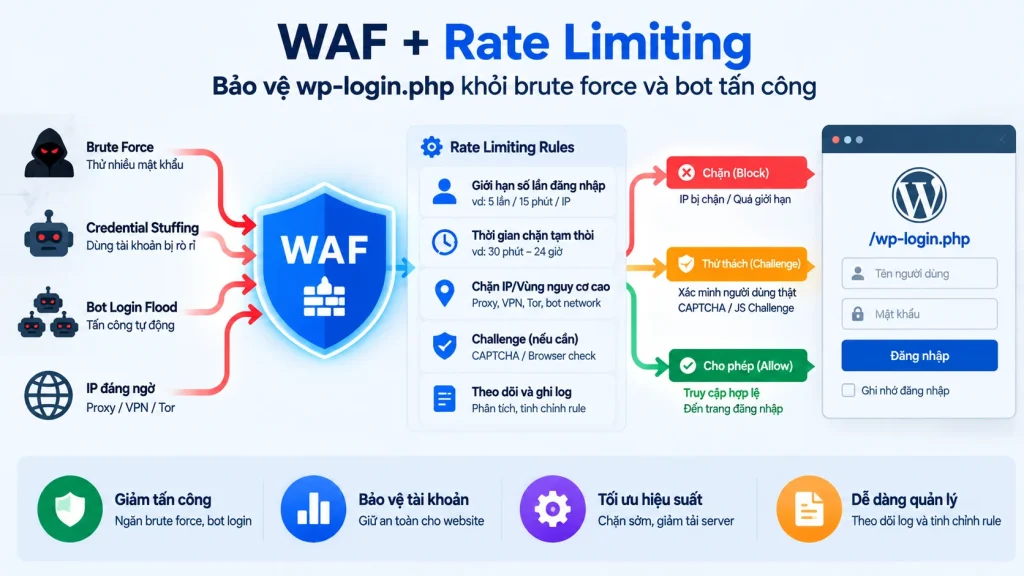Minh họa WAF và Rate Limiting bảo vệ wp-login.php khỏi brute force và credential stuffing